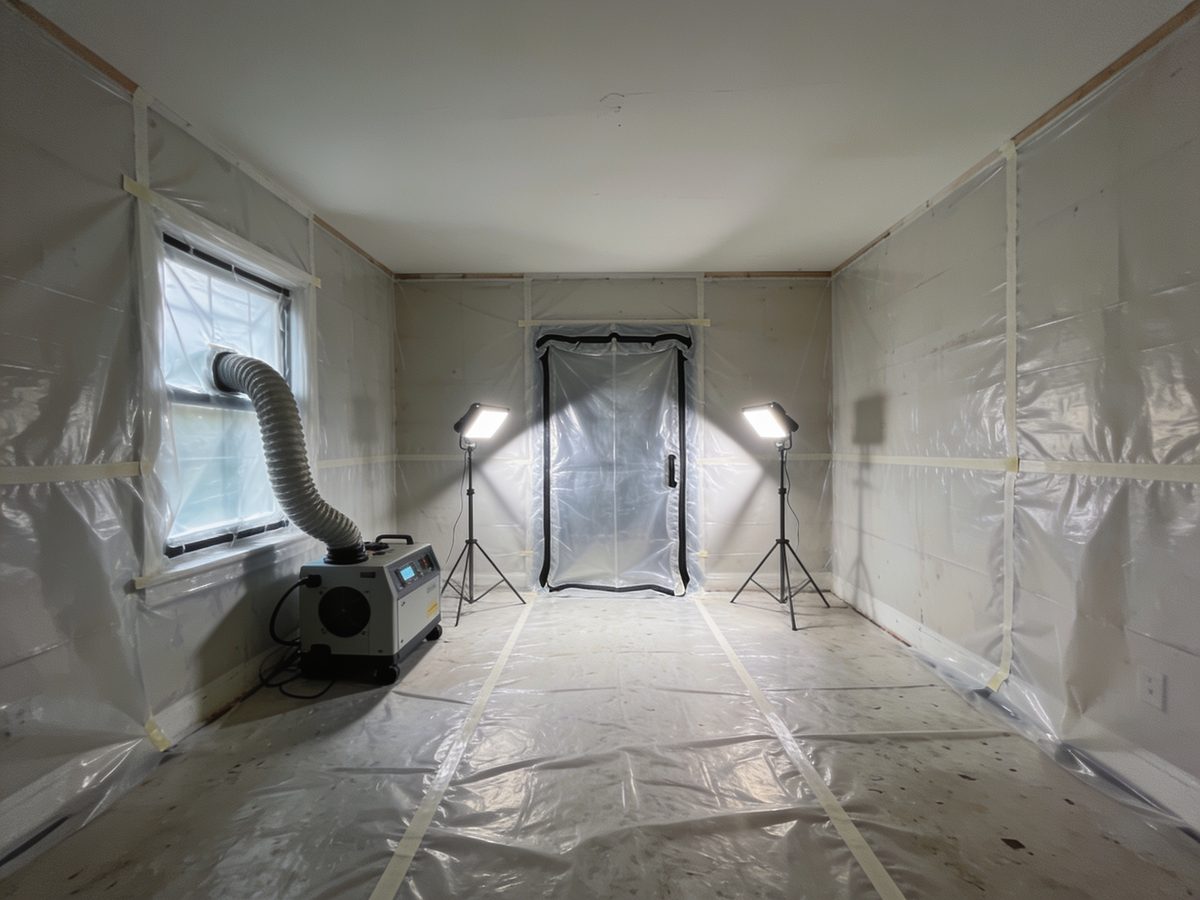 A stripped room sealed in polyethylene sheeting with a negative air machine and an airlock doorway