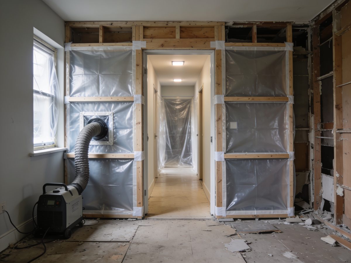 A polyethylene decontamination chamber at the doorway of an interior stripped to studs