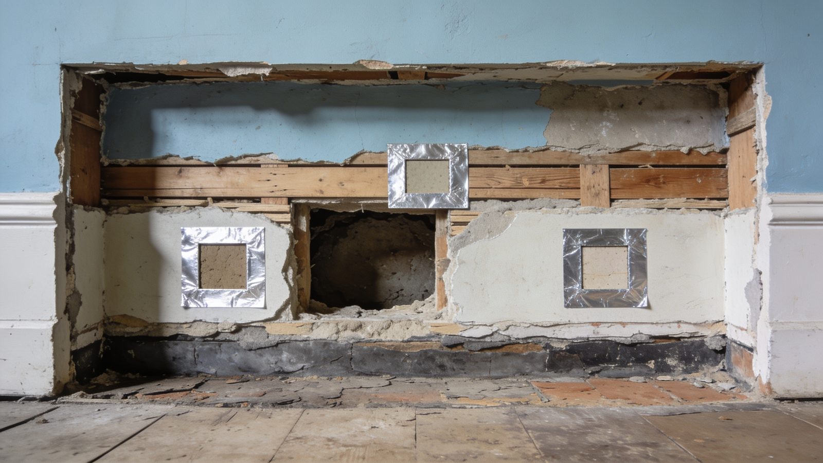 An interior wall opened in section with small sample cuts sealed over with foil tape