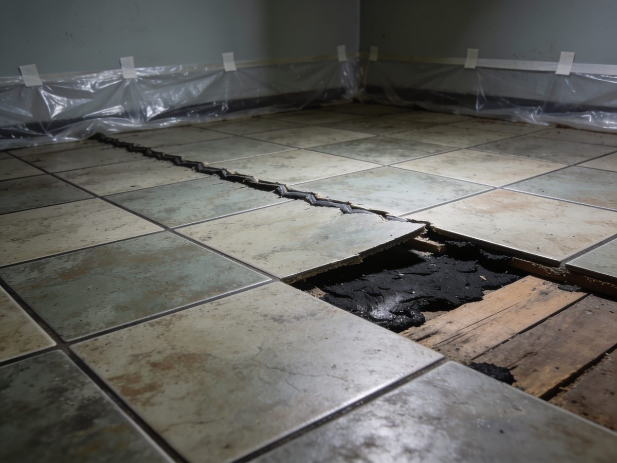 Nine-inch floor tiles partly lifted to expose black mastic on the subfloor