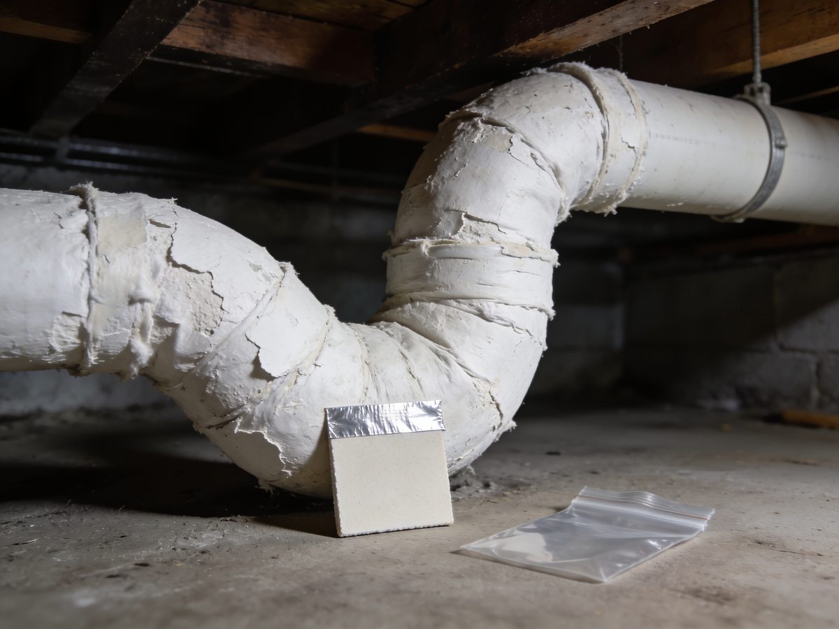 A sample cut taken from old pipe insulation and sealed over with foil tape