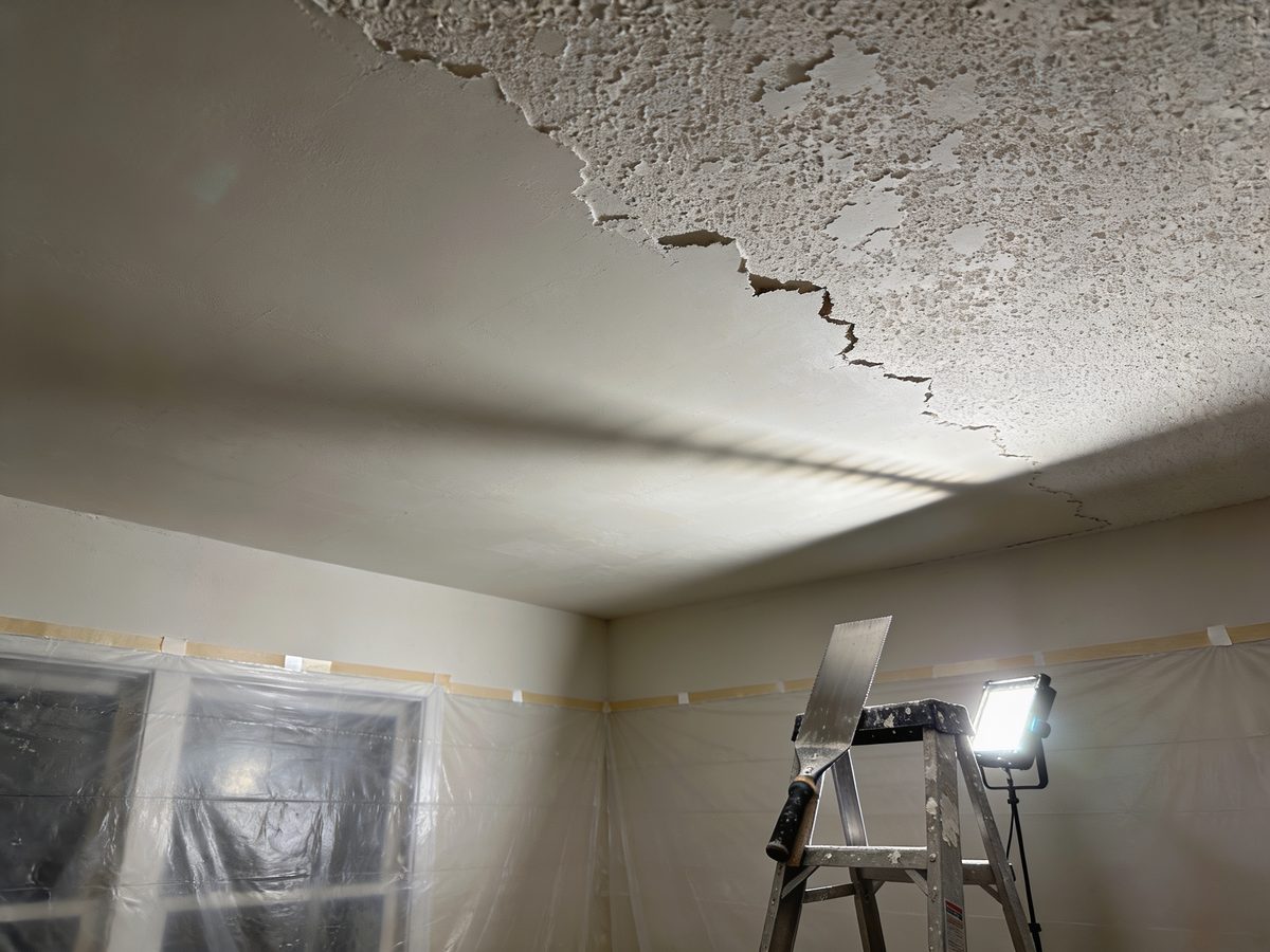 A stippled ceiling half scraped back to bare drywall above sheeted floors