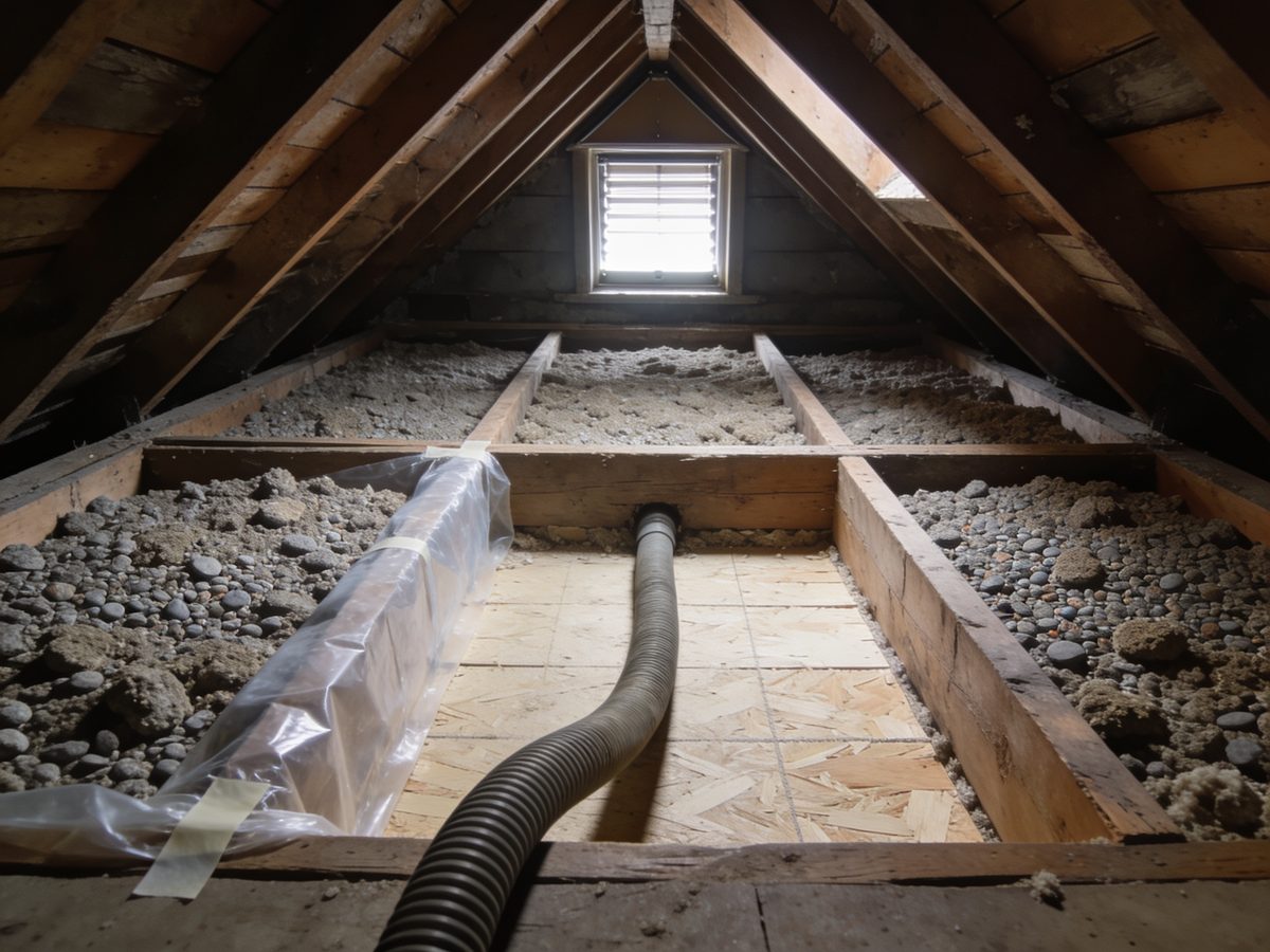 Attic joist bays filled with loose vermiculite beside one bay cleared to bare wood
